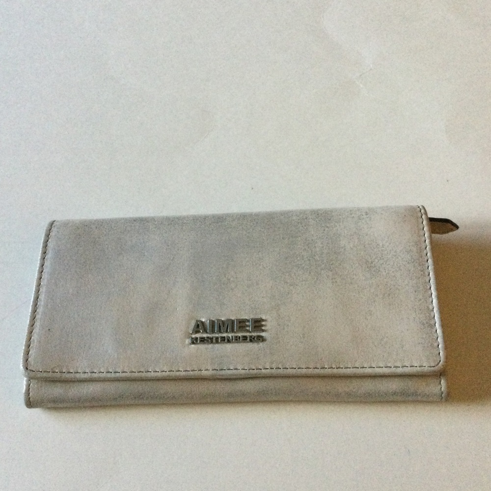 AIMEE KESTENBERG SOVANA SLIM FOLD-OVER LEATHER WALLET STONE SILVER NWOT